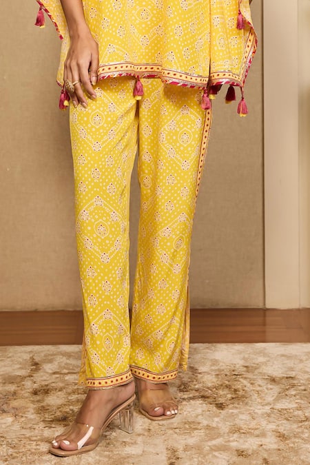 Neha Mehra_Yellow Crepe Embroidery, Tassels V-neck Bandhani Print Kaftan And Pant Set _Online_at_Aza_Fashions