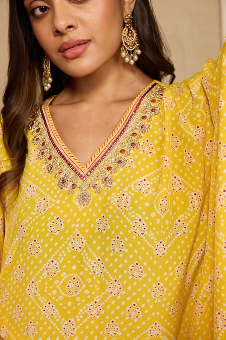 Buy_Neha Mehra_Yellow Crepe Embroidery, Tassels V-neck Bandhani Print Kaftan And Pant Set _Online_at_Aza_Fashions