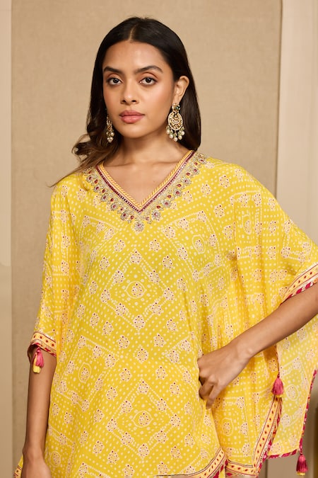 Neha Mehra_Yellow Crepe Embroidery, Tassels V-neck Bandhani Print Kaftan And Pant Set _at_Aza_Fashions