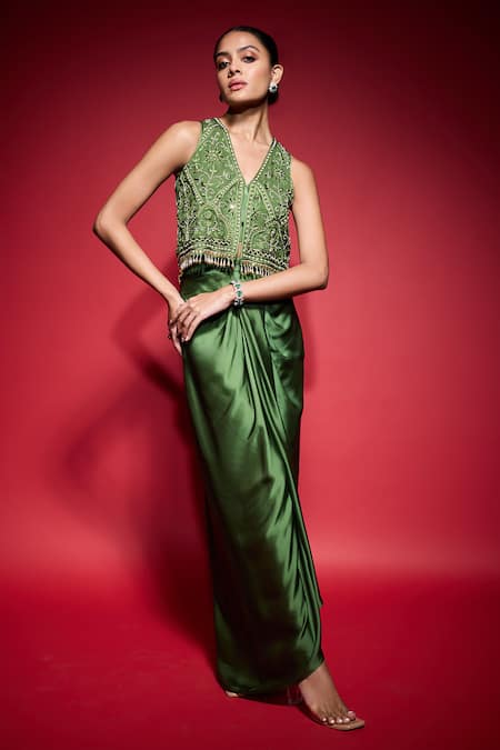 Shop Neha Mehra Green Georgette Beads, Sequins, Metallic Thread V-neck Hand Embroidered Jacket Online at Aza Fashions Shop_Neha Mehra_Green Georgette Beads, Sequins, Metallic Thread V-neck Hand Embroidered Jacket _Online_at_Aza_Fashions