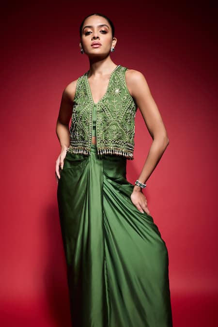Buy Neha Mehra Green Georgette Beads, Sequins, Metallic Thread V-neck Hand Embroidered Jacket Buy_Neha Mehra_Green Georgette Beads, Sequins, Metallic Thread V-neck Hand Embroidered Jacket