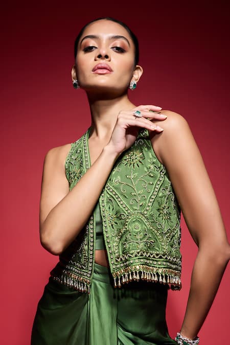 Buy_Neha Mehra_Green Georgette Embroidery, Beads, Sequins, Tassels Hand Jacket Skirt Set 