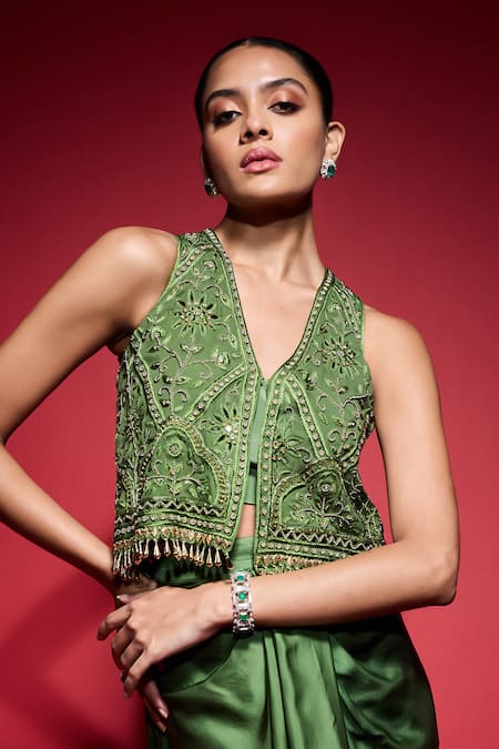 Shop_Neha Mehra_Green Georgette Embroidery, Beads, Sequins, Tassels Hand Jacket Skirt Set 