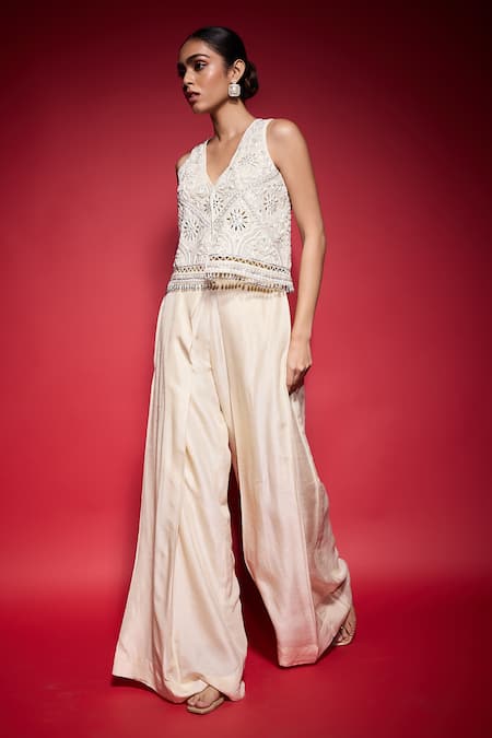 Neha Mehra_White Crepe Beads, Mirrors Open Neck Hand Embroidered Jacket _Online_at_Aza_Fashions