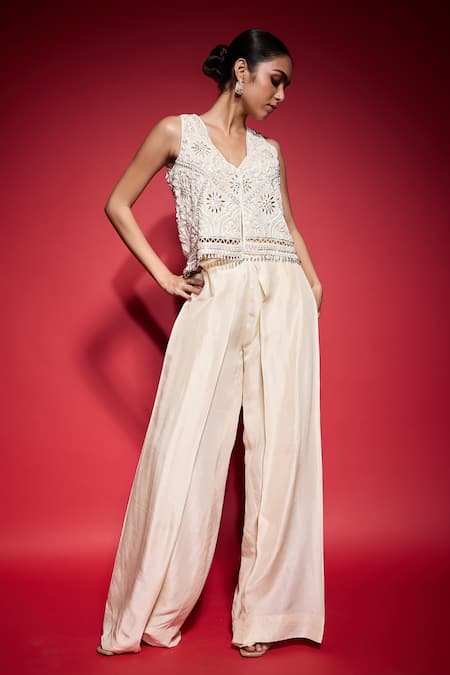 Neha Mehra_White Crepe Beads, Mirrors Open Neck Hand Embroidered Jacket _at_Aza_Fashions