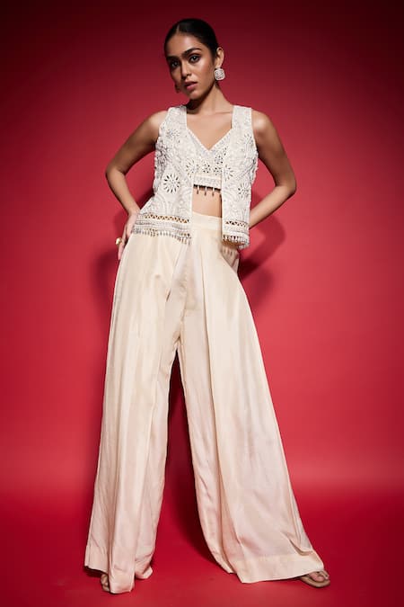 Shop_Neha Mehra_White Crepe Beads, Mirrors Open Neck Hand Embroidered Jacket 