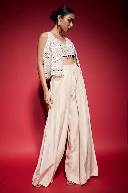 Neha Mehra_White Crepe Embroidery, Tassels, Mirrors Open Neck, Hand Jacket Pant Set _Online_at_Aza_Fashions