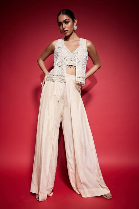 Buy_Neha Mehra_White Crepe Embroidery, Tassels, Mirrors Open Neck, Hand Jacket Pant Set _Online_at_Aza_Fashions