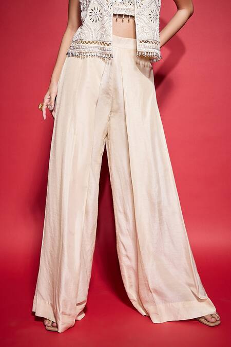 Shop_Neha Mehra_White Crepe Embroidery, Tassels, Mirrors Open Neck, Hand Jacket Pant Set _Online_at_Aza_Fashions