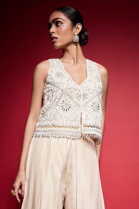 Buy_Neha Mehra_White Crepe Embroidery, Tassels, Mirrors Open Neck, Hand Jacket Pant Set 