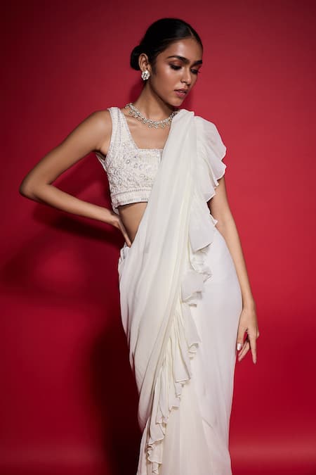 Neha Mehra_White Georgette Ruffles Hand Embroidered Pre-draped Saree _Online_at_Aza_Fashions