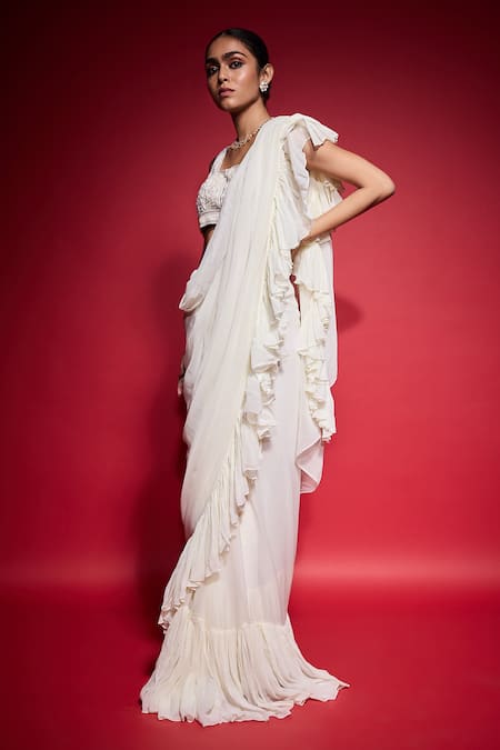 Buy_Neha Mehra_White Georgette Ruffles Hand Embroidered Pre-draped Saree _Online_at_Aza_Fashions