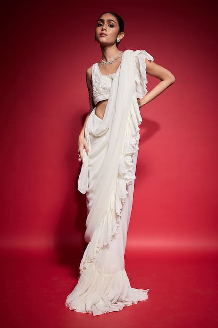 Neha Mehra_White Georgette Ruffles Hand Embroidered Pre-draped Saree _at_Aza_Fashions