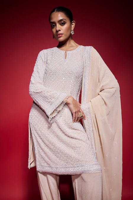 Shop_Neha Mehra_Beige Georgette Sequins, Beads, Piping Keyhole Neck Embroidered Kurta Pant Set _Online_at_Aza_Fashions