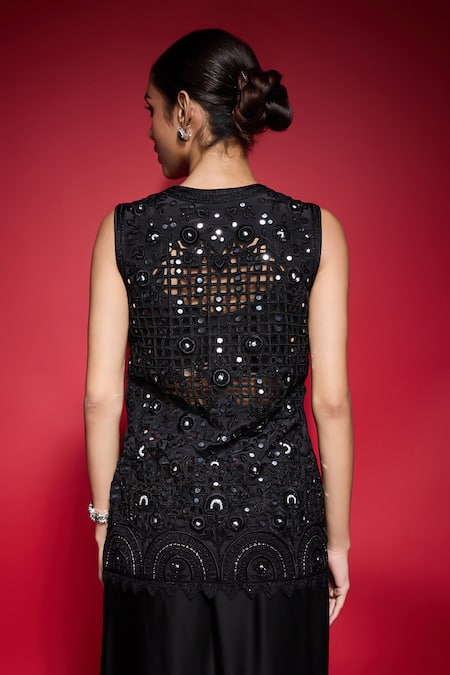 Neha Mehra_Black Crepe Mirrors, Embroidery Open Neck Work Jacket _at_Aza_Fashions