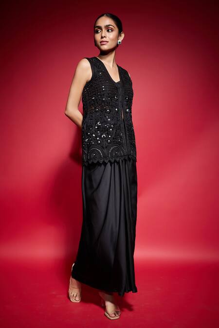 Buy_Neha Mehra_Black Crepe Embroidery, Mirrors Open Neck, Sweetheart Jacket Draped Skirt Set _Online_at_Aza_Fashions
