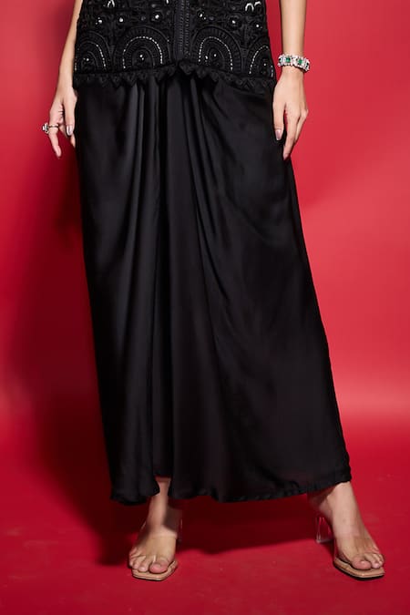 Neha Mehra_Black Crepe Embroidery, Mirrors Open Neck, Sweetheart Jacket Draped Skirt Set _at_Aza_Fashions