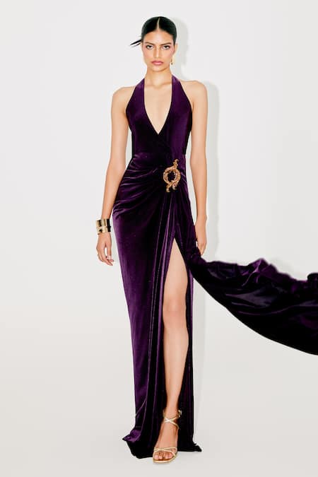 Buy Tisharth by Shivani Purple Polyester Buckles Halter Neck Gown Online at Aza Fashions Buy_Tisharth by Shivani_Purple Polyester Buckles Halter Neck Gown _Online_at_Aza_Fashions