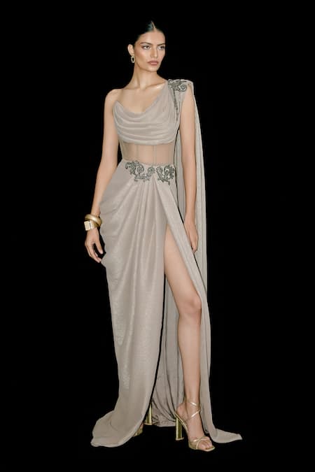 Tisharth by Shivani Beige Polyester Embroidery, Stones One Shoulder Draped Gown Online at Aza Fashions Tisharth by Shivani_Beige Polyester Embroidery, Stones One Shoulder Draped Gown _Online_at_Aza_Fashions