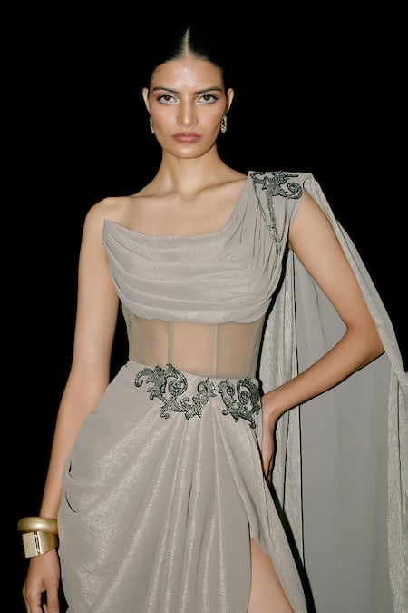 Shop Tisharth by Shivani Beige Polyester Embroidery, Stones One Shoulder Draped Gown Online at Aza Fashions Shop_Tisharth by Shivani_Beige Polyester Embroidery, Stones One Shoulder Draped Gown _Online_at_Aza_Fashions