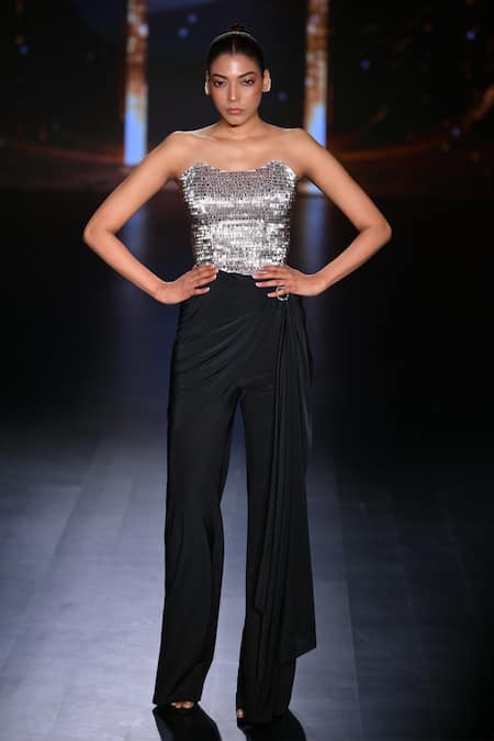 Tisharth by Shivani_Peach Polyester Sequins Bandeau Neck Corset And Flared Pant Set _Online_at_Aza_Fashions