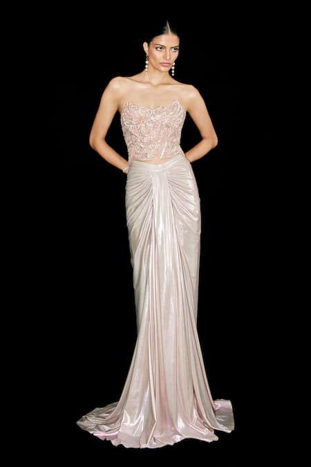 Tisharth by Shivani_Rose Gold Polyester Sequins, Stones Embroidered Corset Draped Skirt Set _Online_at_Aza_Fashions