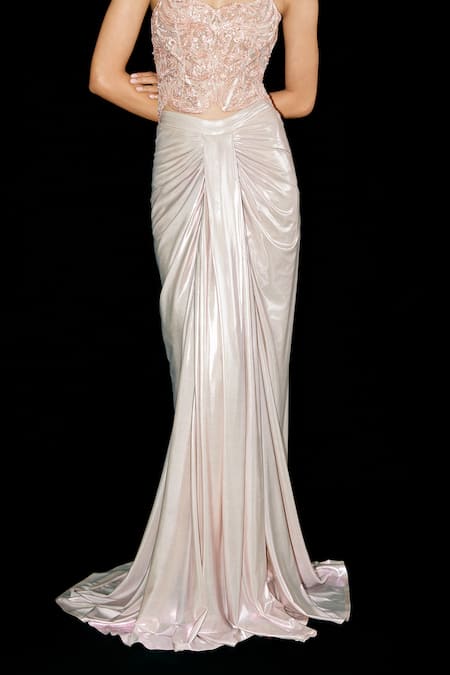 Buy_Tisharth by Shivani_Rose Gold Polyester Sequins, Stones Embroidered Corset Draped Skirt Set _Online_at_Aza_Fashions