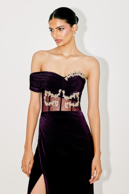 Tisharth by Shivani_Purple Polyester Metallic Thread, Embroidery Off Corset Gown With Cape _at_Aza_Fashions