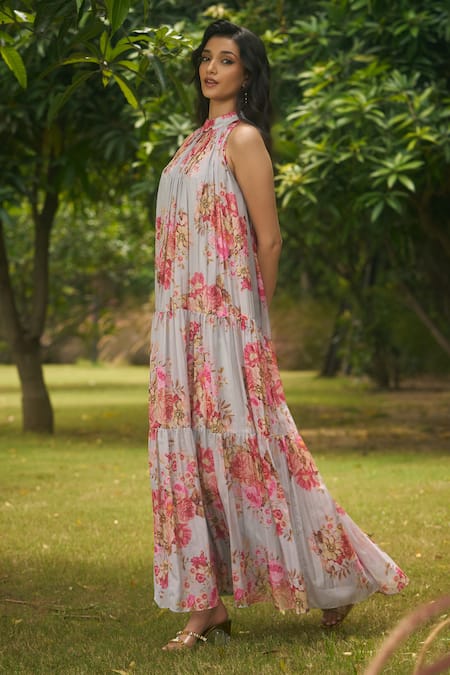 AMRIN KHAN_Green Georgette, Organza Halter Neck Sage Floral One Piece Dress _Online_at_Aza_Fashions