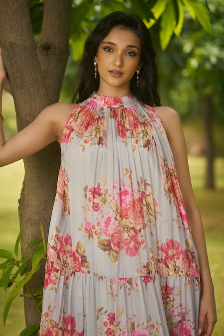 Buy_AMRIN KHAN_Green Georgette, Organza Halter Neck Sage Floral One Piece Dress _Online_at_Aza_Fashions