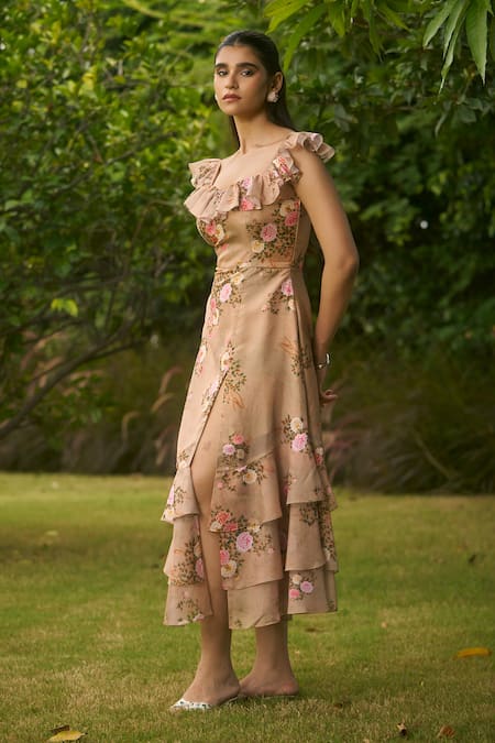 Buy_AMRIN KHAN_Green Georgette, Organza Ruffles Sweetheart Neck Mehndi Floral One Piece Dress _Online_at_Aza_Fashions