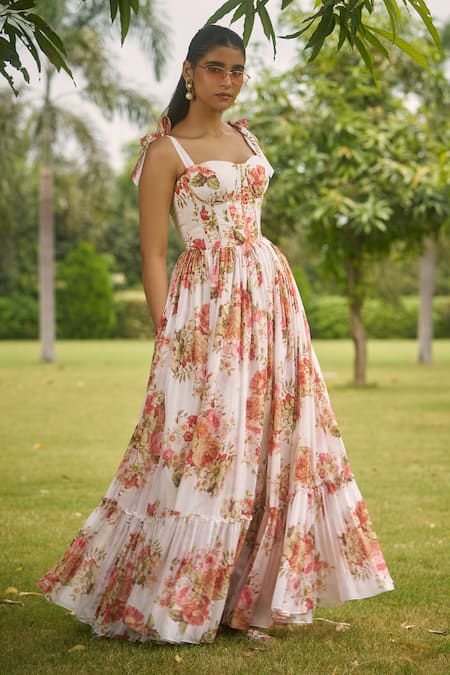 Buy_AMRIN KHAN_White Organza, Georgette Sweetheart Neck Floral One Piece Dress _Online_at_Aza_Fashions