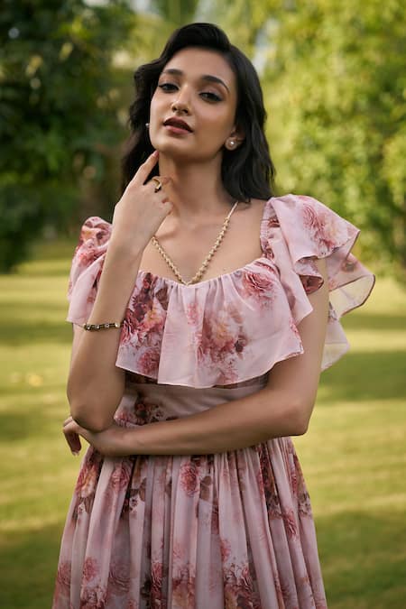 AMRIN KHAN_Peach Georgette, Organza Square Neck Blush Floral One Piece Dress _Online_at_Aza_Fashions