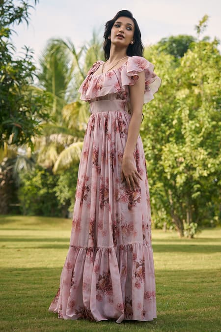 Buy_AMRIN KHAN_Peach Georgette, Organza Square Neck Blush Floral One Piece Dress _Online_at_Aza_Fashions