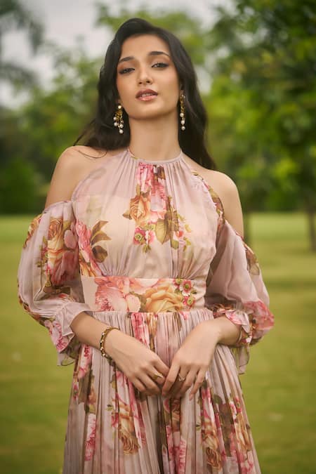 AMRIN KHAN Beige Georgette, Organza High Neck Dark Floral One Piece Dress Online at Aza Fashions AMRIN KHAN_Beige Georgette, Organza High Neck Dark Floral One Piece Dress _Online_at_Aza_Fashions