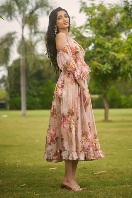 Buy AMRIN KHAN Beige Georgette, Organza High Neck Dark Floral One Piece Dress Online at Aza Fashions Buy_AMRIN KHAN_Beige Georgette, Organza High Neck Dark Floral One Piece Dress _Online_at_Aza_Fashions