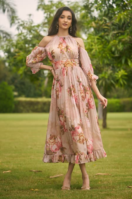 AMRIN KHAN Dark Beige Floral One Piece Dress