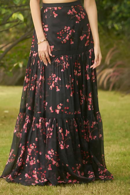 AMRIN KHAN_Black Georgette, Organza Sweetheart Neck Floral Print Blouse And Skirt Set _Online_at_Aza_Fashions