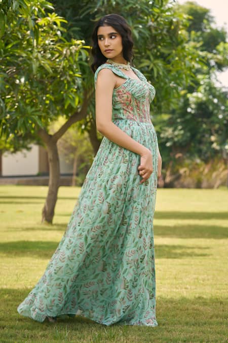 AMRIN KHAN_Green Georgette, Organza Sweetheart Neck Light Rama Floral One Piece Dress _Online_at_Aza_Fashions