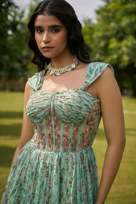 Buy_AMRIN KHAN_Green Georgette, Organza Sweetheart Neck Light Rama Floral One Piece Dress _Online_at_Aza_Fashions