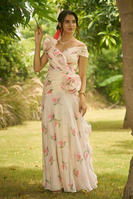 AMRIN KHAN Floral Print Cropped Blouse With Skirt