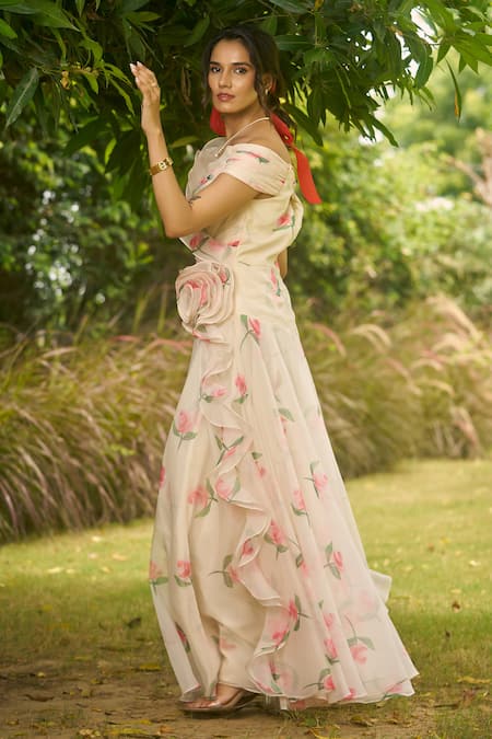 Buy_AMRIN KHAN_Cream Georgette, Organza Fabric Flowers Floral Print Cropped Blouse With Skirt _Online_at_Aza_Fashions