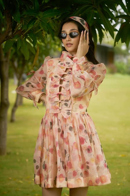 AMRIN KHAN_Peach Georgette, Organza Ruffles, Bows High Neck Blush Floral One Piece Dress _Online_at_Aza_Fashions