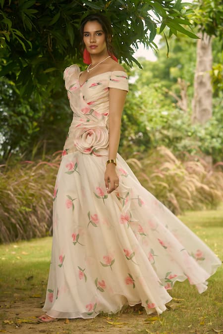 Buy_AMRIN KHAN_White Georgette, Organza Fabric Flowers, Foil Printing Floral One Piece Dress _Online_at_Aza_Fashions