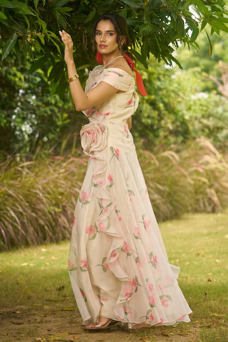 Shop_AMRIN KHAN_White Georgette, Organza Fabric Flowers, Foil Printing Floral One Piece Dress _Online_at_Aza_Fashions