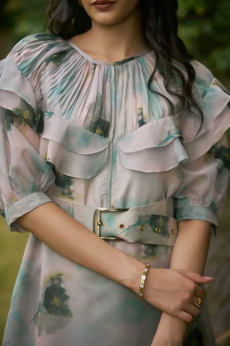 AMRIN KHAN_Green Georgette, Organza Round Neck Sage Floral One Piece Dress _Online_at_Aza_Fashions