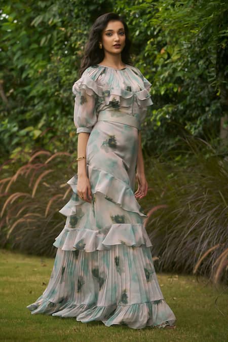 Buy_AMRIN KHAN_Green Georgette, Organza Round Neck Sage Floral One Piece Dress _Online_at_Aza_Fashions