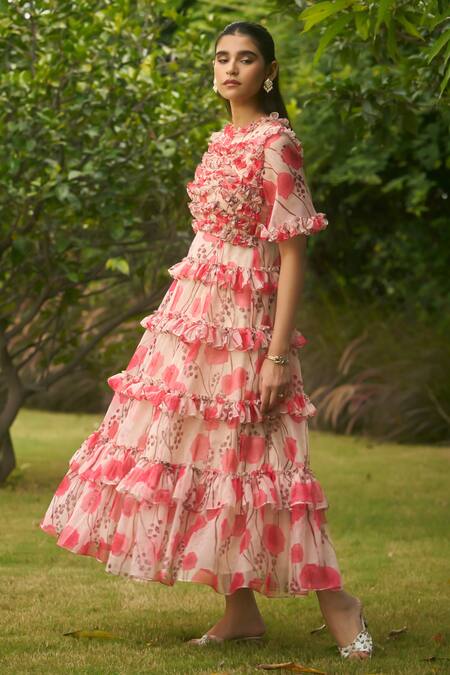 AMRIN KHAN_Cream Georgette, Organza Ruffles Round Neck Floral One Piece Dress _Online_at_Aza_Fashions