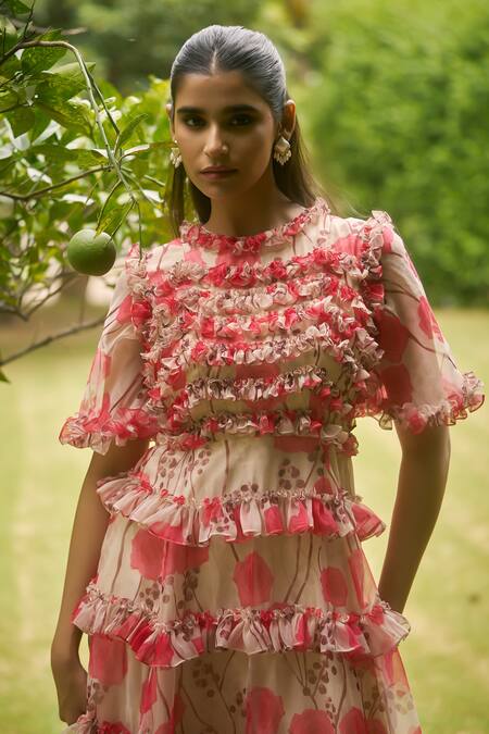 Buy_AMRIN KHAN_Cream Georgette, Organza Ruffles Round Neck Floral One Piece Dress _Online_at_Aza_Fashions
