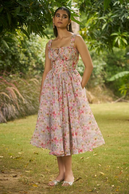 Buy AMRIN KHAN Grey Georgette, Organza Sweetheart Neck Floral One Piece Dress Online at Aza Fashions Buy_AMRIN KHAN_Grey Georgette, Organza Sweetheart Neck Floral One Piece Dress _Online_at_Aza_Fashions